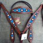 HILASON WESTERN LEATHER HEADSTALL BREAST COLLAR MAHOGANY TURQUOISE AZTEC PAINTED