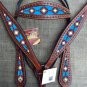 HILASON WESTERN LEATHER HEADSTALL BREAST COLLAR MAHOGANY TURQUOISE AZTEC PAINTED
