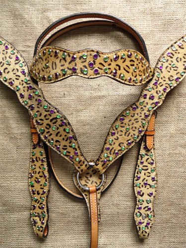 HILASON LEOPARD WESTERN CHEETAH LEATHER HORSE HEADSTALL BREAST COLLAR W/ CRYSTAL
