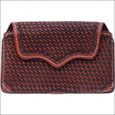 3D TAN BASKETWEAVE HAND TOOLED LEATHER LARGE SMARTPHONE HOLDER W/ METAL CLIP