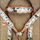 HILASON WESTERN COWHIDE LEATHER HORSE HEADSTALL BREAST COLLAR TURQUOISE CRYSTAL
