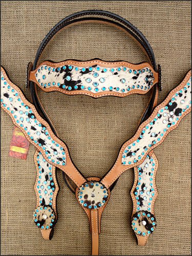 HILASON WESTERN COWHIDE LEATHER HORSE HEADSTALL BREAST COLLAR TURQUOISE CRYSTAL