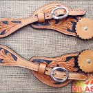 PS118-F HILASON WESTERN SPUR STRAPS LEATHER LIGHT OIL w/ BLACK HAND PAINT INLAY