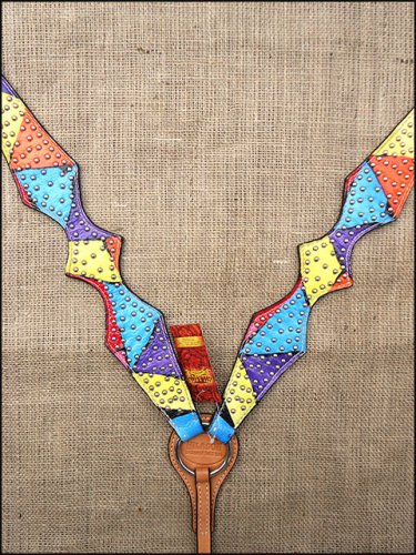 HILASON WESTERN LEATHER HORSE BREAST COLLAR HAND PAINT RAINBOW