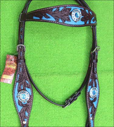 F06 HILASON WESTERN LEATHER HORSE BRIDLE HEADSTALL BROWN TURQUOISE BLING CONCHO