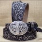 34"" JUSTIN LADIES BLACK VINTAGE CROSS FLORAL TOOLED LEATHER BELT