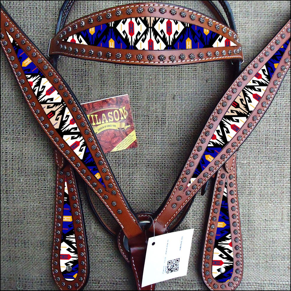 HILASON WESTERN LEATHER HORSE HEADSTALL BREAST COLLAR GEOMATRIC PATTERN