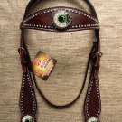 HILASON WESTERN LEATHER HORSE HEADSTALL BRIDLE BROWN GREEN WHEEL CONCHO BLING