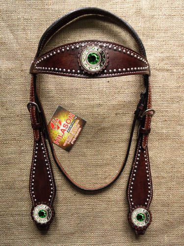 HILASON WESTERN LEATHER HORSE HEADSTALL BRIDLE BROWN GREEN WHEEL CONCHO BLING