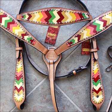 HILASON WESTERN LEATHER HORSE BRIDLE HEADSTALL BREAST COLLAR AZTEC HAND PAINT