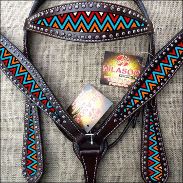 HILASON WESTERN LEATHER HORSE HEADSTALL BREAST COLLAR BROWN TIE DIE PAINTED