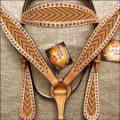HILASON WESTERN LEATHER HORSE HEADSTALL BREAST COLLAR TAN ARROW PAINTED DESIGN