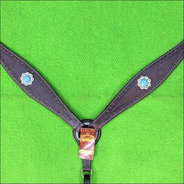HILASON WESTERN LEATHER HORSE BREAST COLLAR BROWN TURQUOISE BLING STONE CONCHO