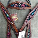 HILASON WESTERN LEATHER HORSE HEADSTALL BREAST COLLAR MAHOGANY PEACE SIGN INLAY