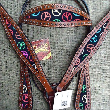 HILASON WESTERN LEATHER HORSE HEADSTALL BREAST COLLAR MAHOGANY PEACE SIGN INLAY