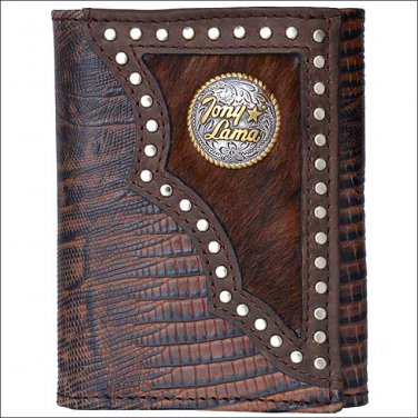 TONY LAMA LEATHER LIZARD PRINT BROWN WESTERN TRIFOLD MENS WALLET HAIR ON INLAY