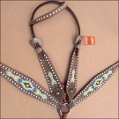 HILASON WESTERN LEATHER HORSE HEADSTALL BREAST COLLAR BROWN W/ AZTEC HAND PAINT
