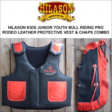 809F HILASON KIDS JUNIOR YOUTH BULL RIDING RODEO LEATHER PROTECTIVE VEST & CHAPS