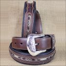 34 INCH WESTERN MEN BLACK BROWN LEATHER FABRIC INSET BELT