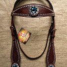 HILASON WESTERN LEATHER HORSE BRIDLE HEADSTALL DARK BROWN TURQUOISE BERRY CONCHO