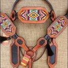HILASON WESTERN LEATHER HORSE BRIDLE HEADSTALL BREAST COLLAR TAN BEADED INLAY
