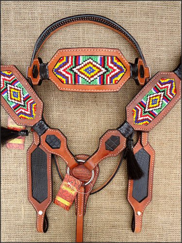 HILASON WESTERN LEATHER HORSE BRIDLE HEADSTALL BREAST COLLAR TAN BEADED INLAY