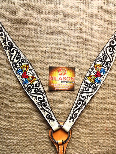 S566 NEW HILASON WESTERN LEATHER HORSE BREAST COLLAR WHITE HAND PAINT BUTTERFLY