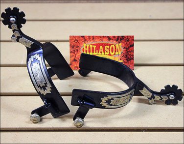 HILASON BLACK STEEL MEN SPURS AZTEC DESIGN ENGRAVED GERMAN SILVER TRIM