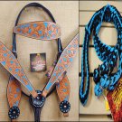 HILASON WESTERN LEATHER HORSE HEADSTALL BREAST COLLAR REINS SET TURQUOISE TAN