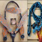 HILASON WESTERN LEATHER HORSE HEADSTALL BREAST COLLAR REINS SET TURQUOISE TAN