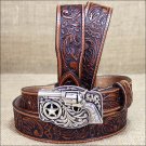 22 inch JUSTIN TAN EMBOSSED LEATHER LIL TRIGGER WESTERN BELT REVOLVER BUCKLE