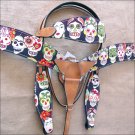 T66 WESTERN LEATHER HORSE HEADSTALL BRIDLE BREAST COLLAR SET FUN PRINT
