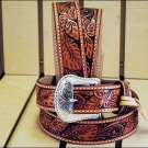 40in. TONY LAMA FLORAL HAND TOOLED WESTERN LEATHER MEN BELT TAN