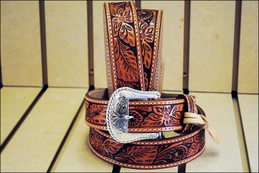 40in. TONY LAMA FLORAL HAND TOOLED WESTERN LEATHER MEN BELT TAN