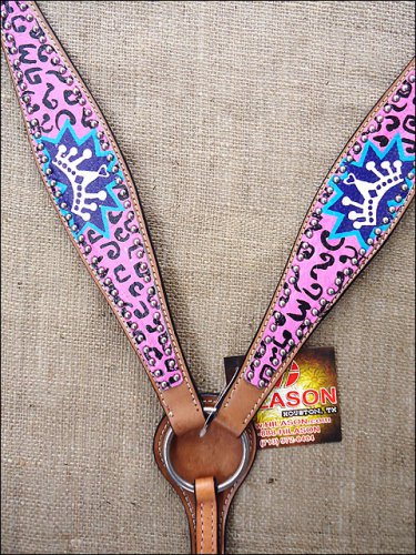 F518 NEW HILASON WESTERN HAND PAINT LEATHER HORSE BREAST COLLAR PINK BLUE ROYAL