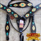 HILASON WESTERN LEATHER HEADSTALL BREAST COLLAR BLACK AZTEC HAND TOOL PAINT