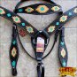 HILASON WESTERN LEATHER HEADSTALL BREAST COLLAR BLACK AZTEC HAND TOOL PAINT
