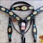 HILASON WESTERN LEATHER HEADSTALL BREAST COLLAR BLACK AZTEC HAND TOOL PAINT