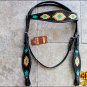 HILASON WESTERN LEATHER HEADSTALL BREAST COLLAR BLACK AZTEC HAND TOOL PAINT
