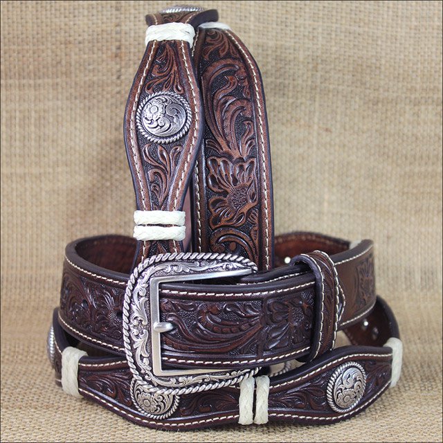 42 INCH WESTERN ARIAT LEATHER MENS BELT WITH SCALLOP FLORAL CONCHOS BROWN