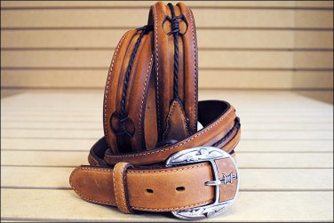 42in. JUSTIN FENCED IN WESTERN LEATHER MEN BELT - BROWN SILVER ENGRAVED BUCKLE