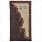 JUSTIN BROWN SHRUNKEN LEATHER TRIM WESTERN RODEO MENS WALLET CREAM INLAY