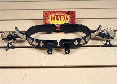 AH58 HILASON BLACK STEEL MEN SPURS ENGRAVED GERMAN SILVER TRIM W/ GAMBLER DESIGN