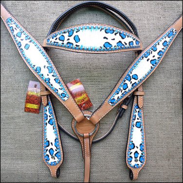 HILASON WESTERN LEATHER HORSE BRIDLE HEADSTALL BREAST COLLAR HAND PAINT CHEETAH