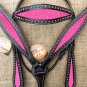 HILASON WESTERN LEATHER HORSE BRIDLE HEADSTALL BREAST COLLAR BLACK W/ PINK INLAY