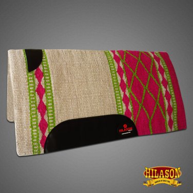 FEP254 HILASON WESTERN NEW ZEALAND WOOL HORSE SADDLE BLANKET WHITE FUCHSIA GREEN