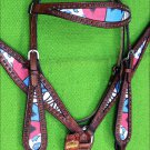 HILASON WESTERN LEATHER HORSE HEADSTALL BREAST COLLAR MAHOGANY BLUE PINK