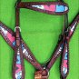 HILASON WESTERN LEATHER HORSE HEADSTALL BREAST COLLAR MAHOGANY BLUE PINK