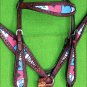 HILASON WESTERN LEATHER HORSE HEADSTALL BREAST COLLAR MAHOGANY BLUE PINK