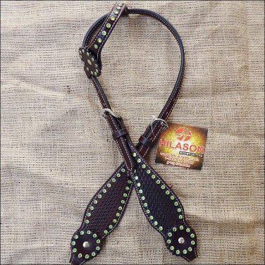S1 HILASON WESTERN LEATHER HORSE ONE EAR BRIDLE HEADSTALL BROWN GREEN RHINESTONE